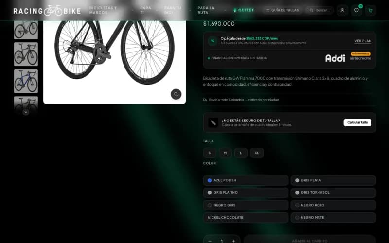 Racing Bike 1998 : options de taille et de couleur d'un vélo, accès à « Calculer la taille » et bouton de conseil WhatsApp