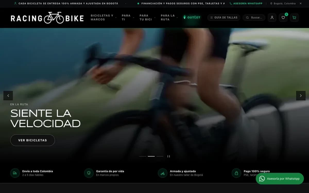Page d'accueil de la boutique Racing Bike 1998 : carrousel de campagnes avec un cycliste sur route, menu des catégories, recherche, liste de souhaits, panier et bande d'avantages