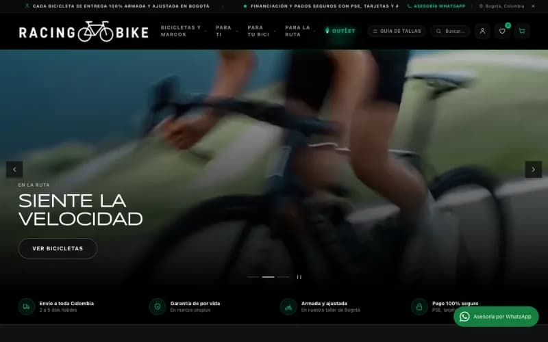 Page d'accueil de la boutique Racing Bike 1998 : carrousel de campagnes avec un cycliste sur route, menu des catégories, recherche, liste de souhaits, panier et bande d'avantages