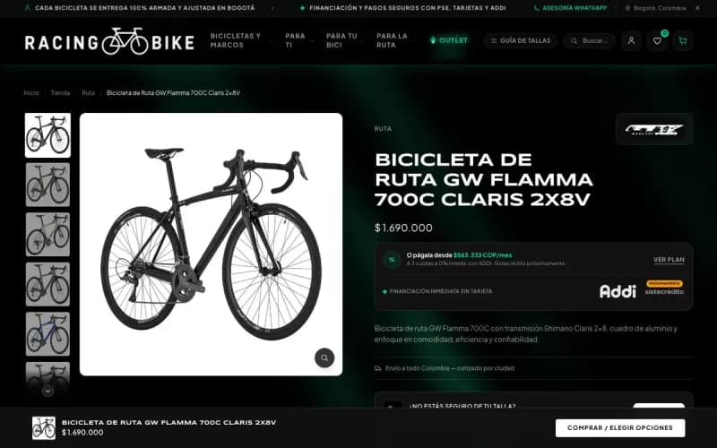 Fiche d'un vélo de route chez Racing Bike 1998 : galerie de couleurs, prix, financement Addi et bouton d'achat fixe