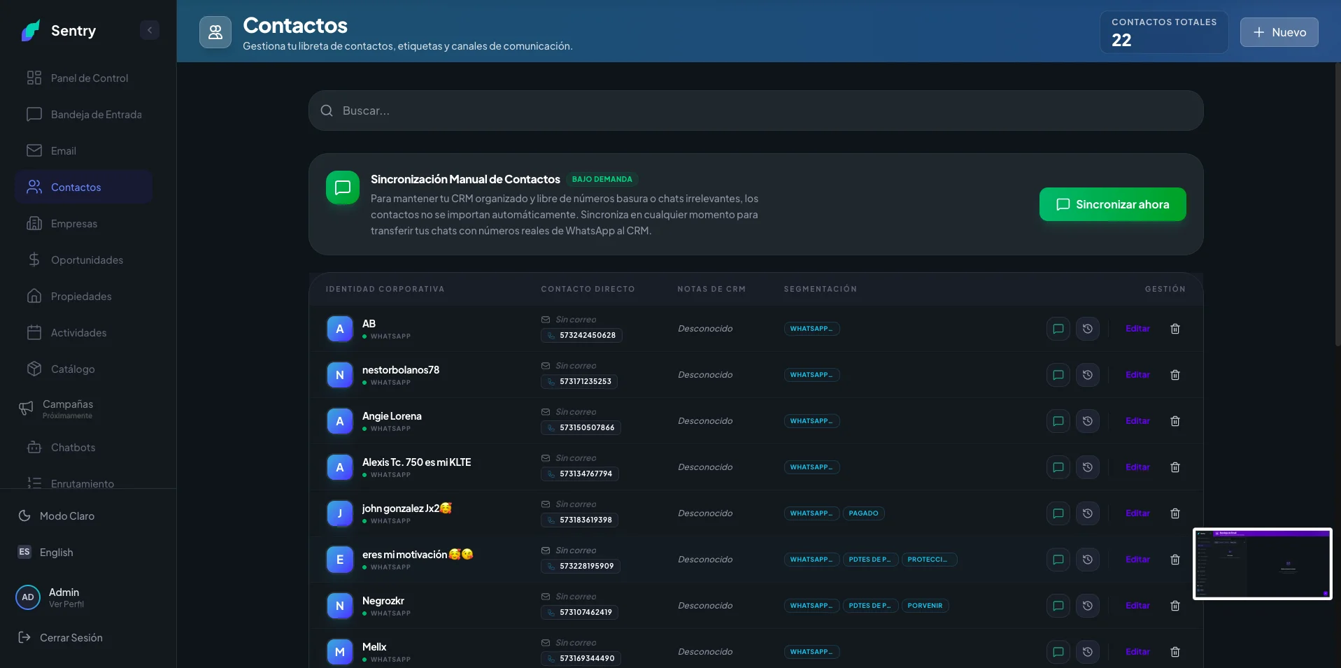 Sentry CRM · Plataforma Omnicanal SaaS Multitenant & Agentes IA — captura 5